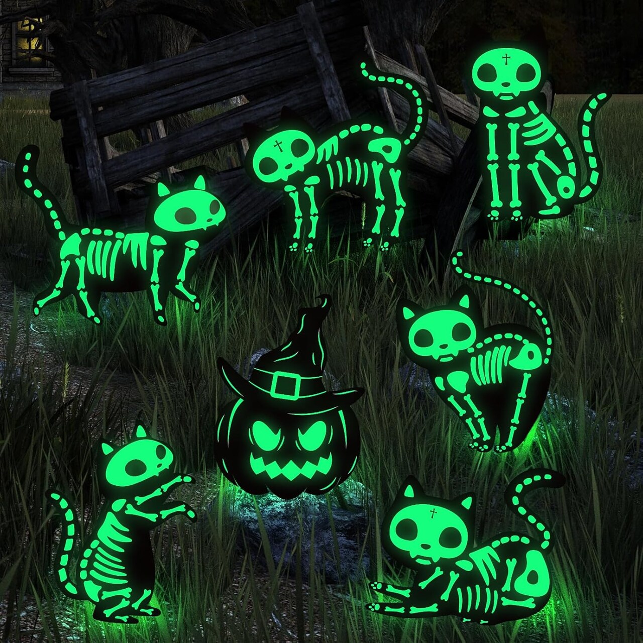 Halloween Outdoor Decorations – 7-Pack Glow-in-the-Dark Pumpkin, Skeleton, and Black Cat Yard Signs with Stakes, Waterproof Halloween Silhouette Lawn Decor for Home, Kids, and Parties